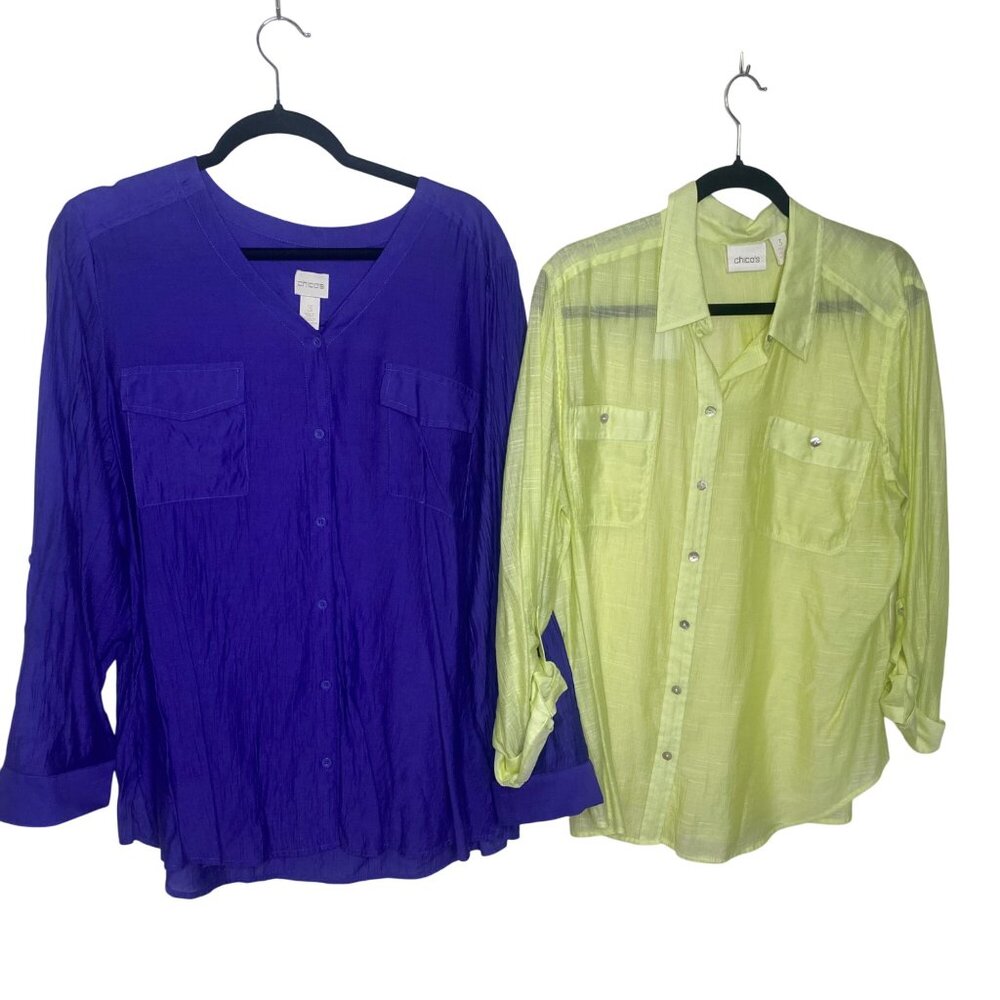 Chicos Button Up Blouses Lot Of 2 Womens Size 3 (US XL) Sheer Lightweight Roll T